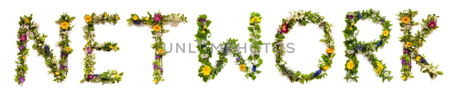 Blooming Flower Letters Building English Word Network. Summer And Spring Season Blossoms And Flower Lei.