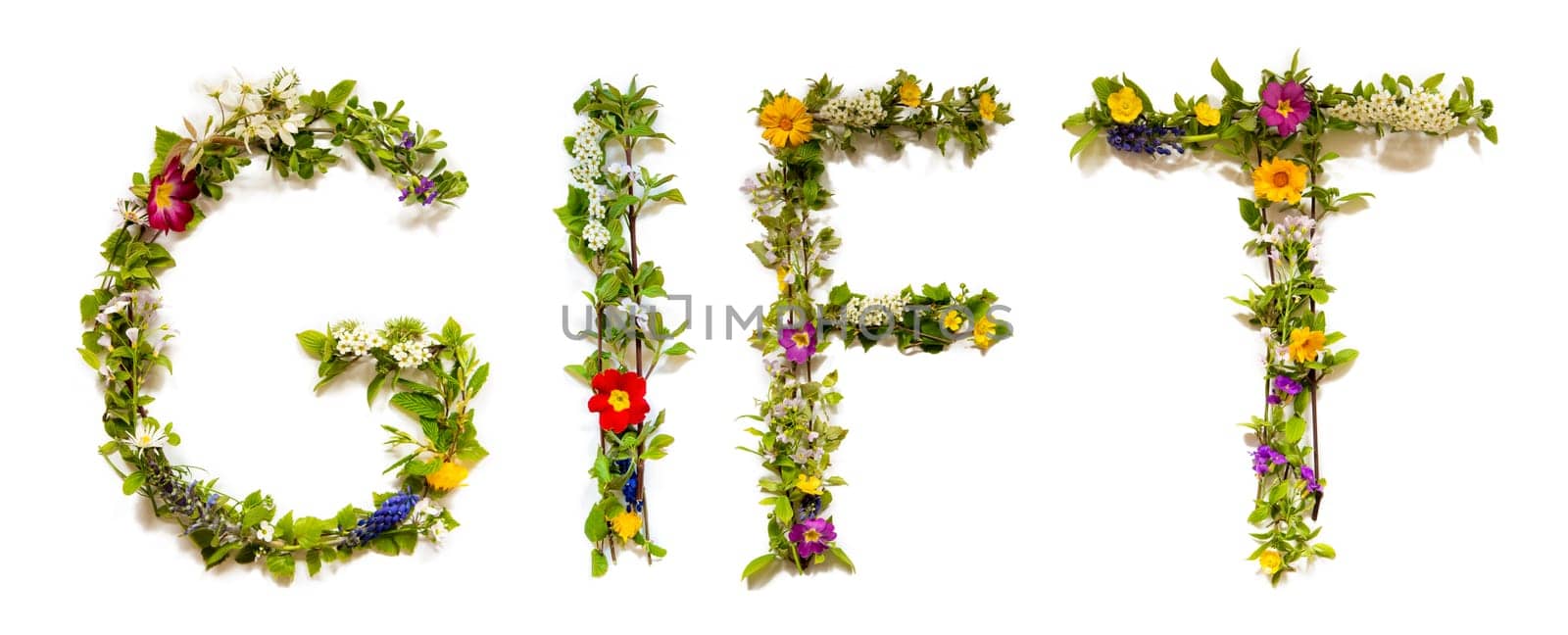Blooming Flower Letters Building English Word Gift. Summer And Spring Season Blossoms And Flower Lei.