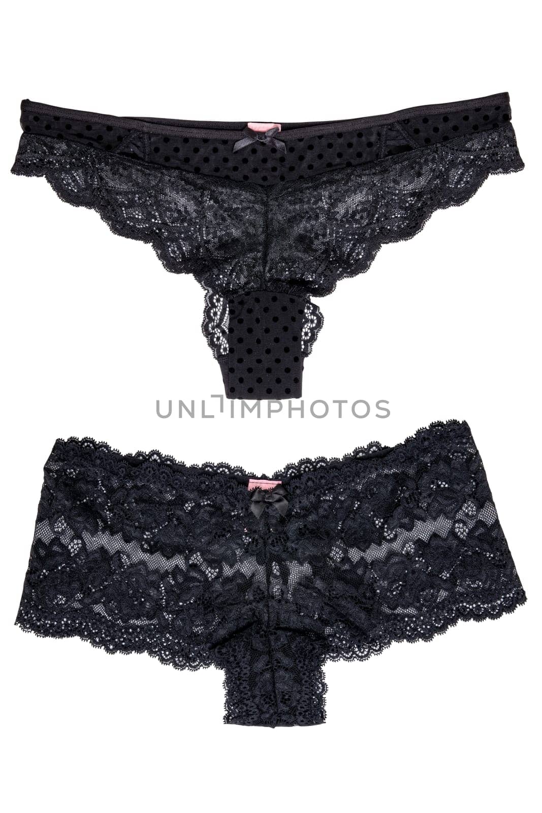 Underwear woman isolated. Collage set of two luxurious elegant black lacy thongs panties isolated on a white background. Clipping path. Underwear fashion.