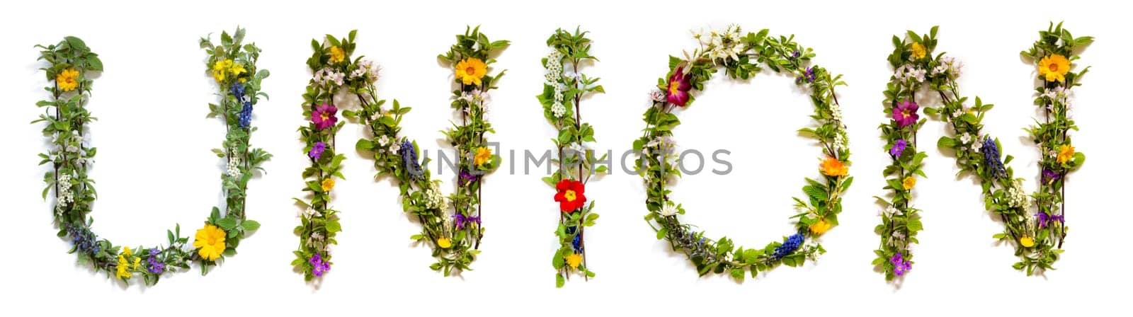 Blooming Flower Letters Building English Word Union. Summer And Spring Season Blossoms And Flower Lei.