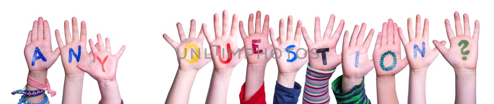 Children Hands Building Colorful English Word Any Question. Isolated White Background.