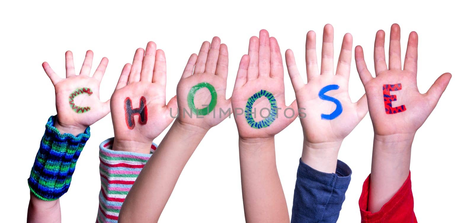 Children Hands Building Colorful English Word Creative. Isolated White Background.