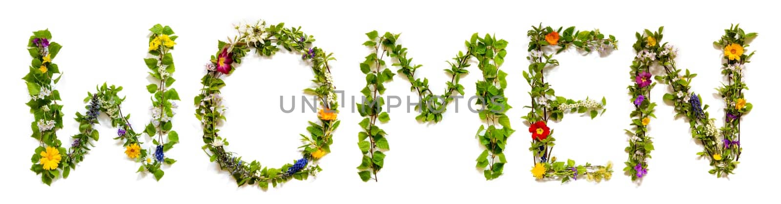 Blooming Flower Letters Building English Word Women. Summer And Spring Season Blossoms And Flower Lei.