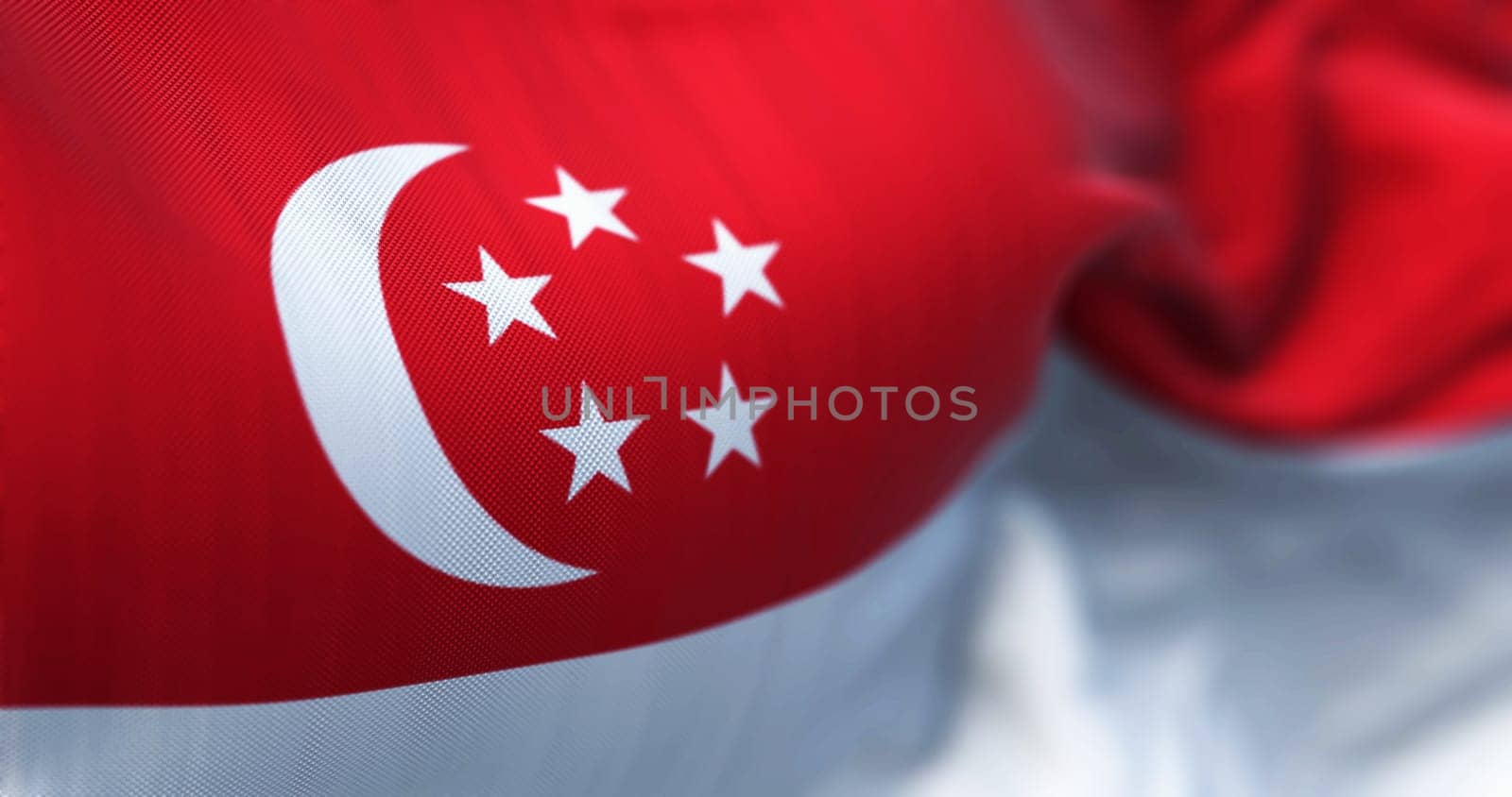 Detail of Singapore national flag waving. Red and white stripes. Crescent moon with pentagon of 5 stars. 3d illustration render. Selective focus. Close-up. Textured background