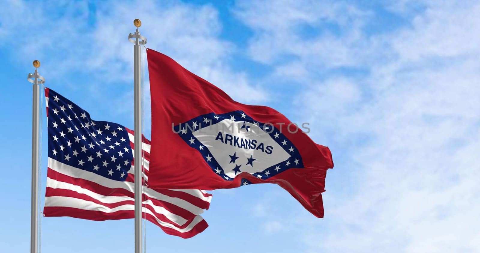 Arkansas state flag waving with the national flag of the United States of America on a clear day. Rippled textile. 3d illustration render