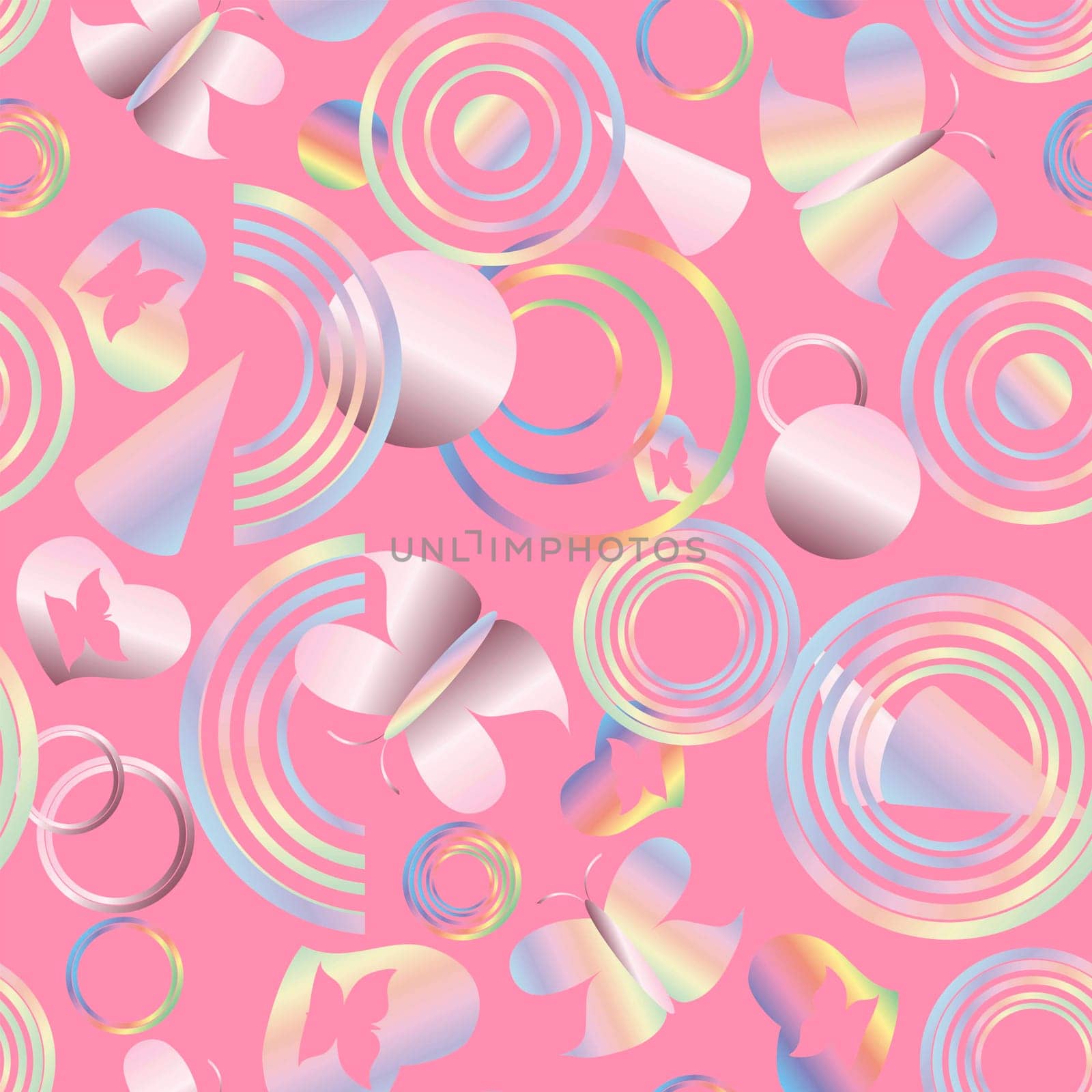 seamless pattern with multicolored hearts, circles and butterflies without a background, made with a gradient