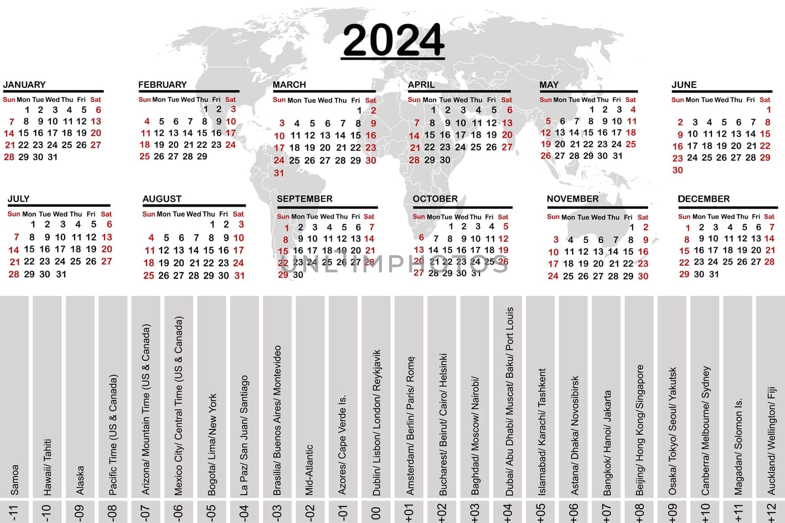 2024 calendar with world map and time zones