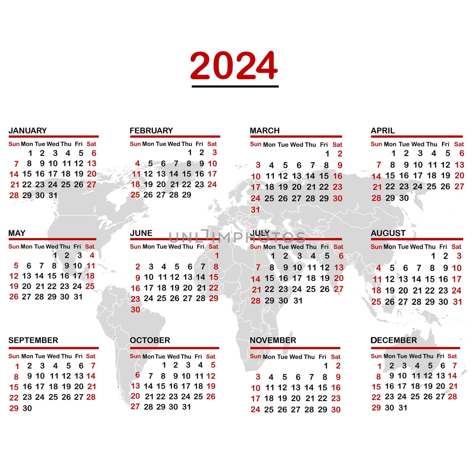 2024 calendar with world map