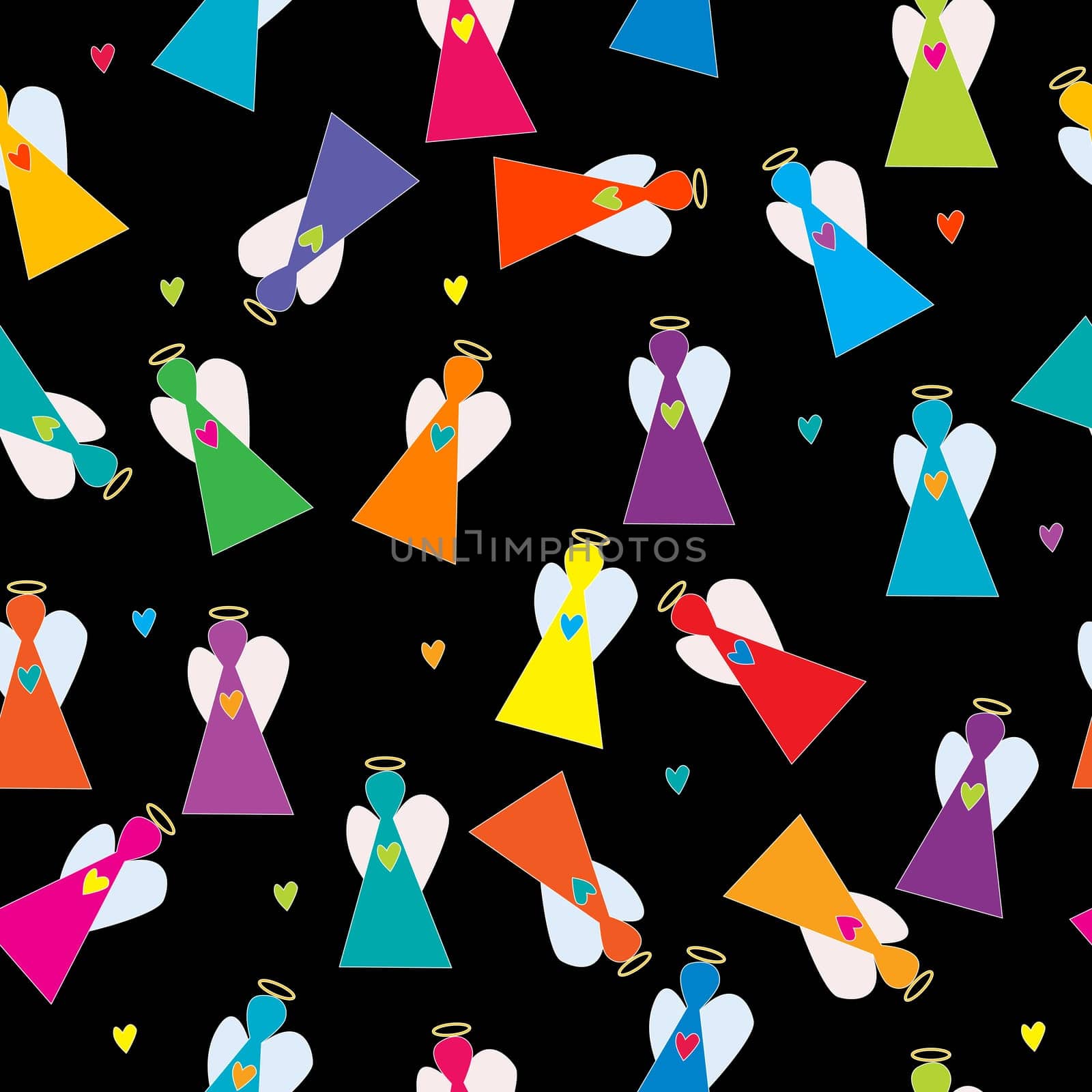 Colorful stylized angels seamless on black background