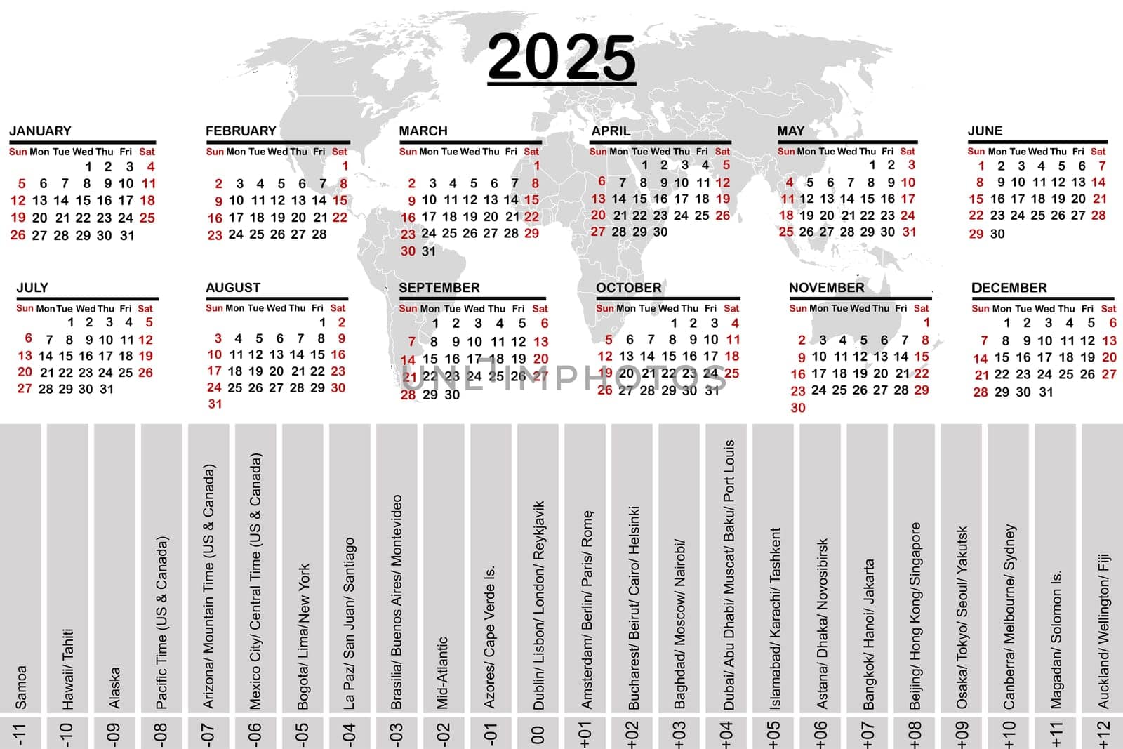 2025 calendar with world map and time zones