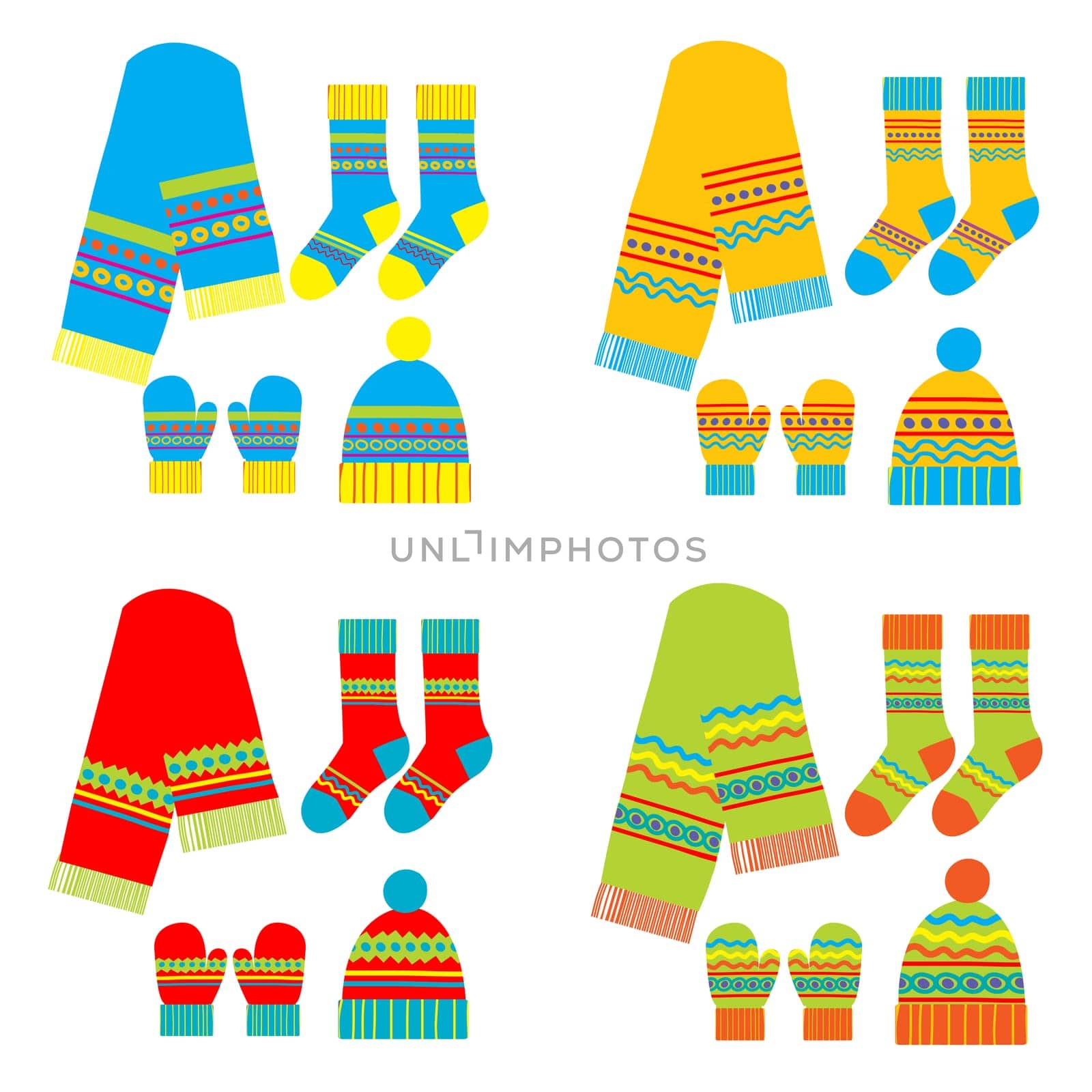 Winter accessory sets with scarf, hat, mittens and socks