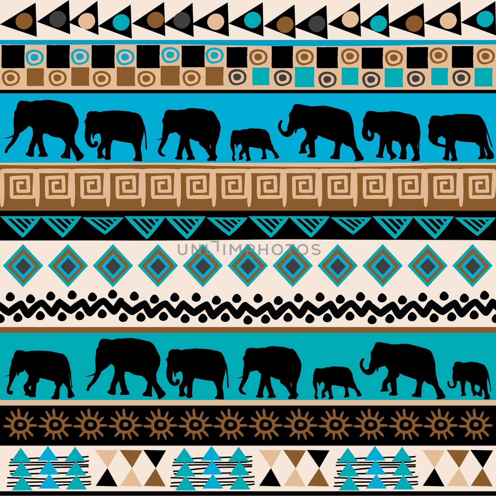 Tribal ethnic pattern with elephants silhouettes and traditional symbols