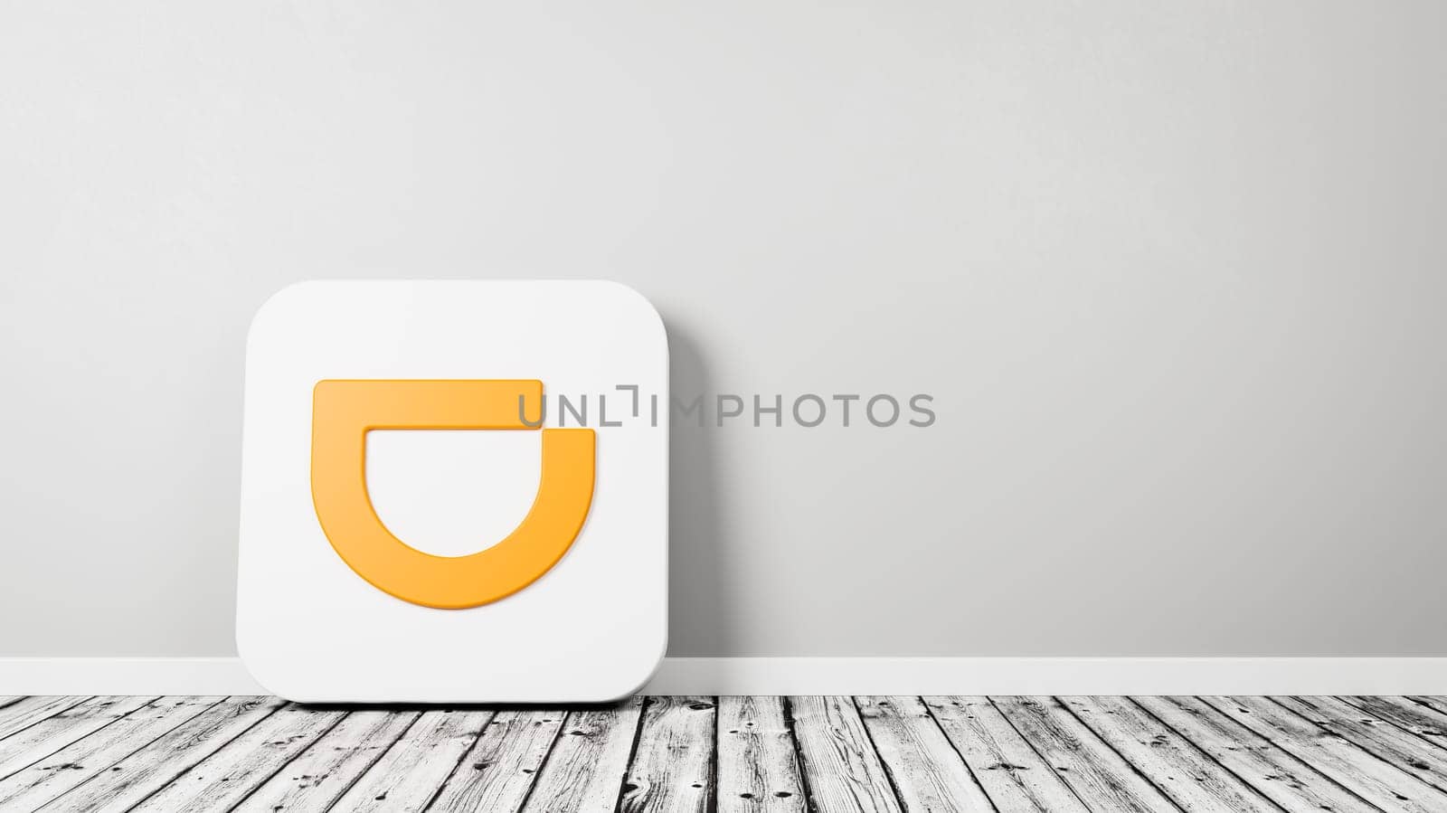 Didi App Icon 3D Symbol Shape on Wooden Floor Against Gray Wall with Copy Space 3D Render Illustration