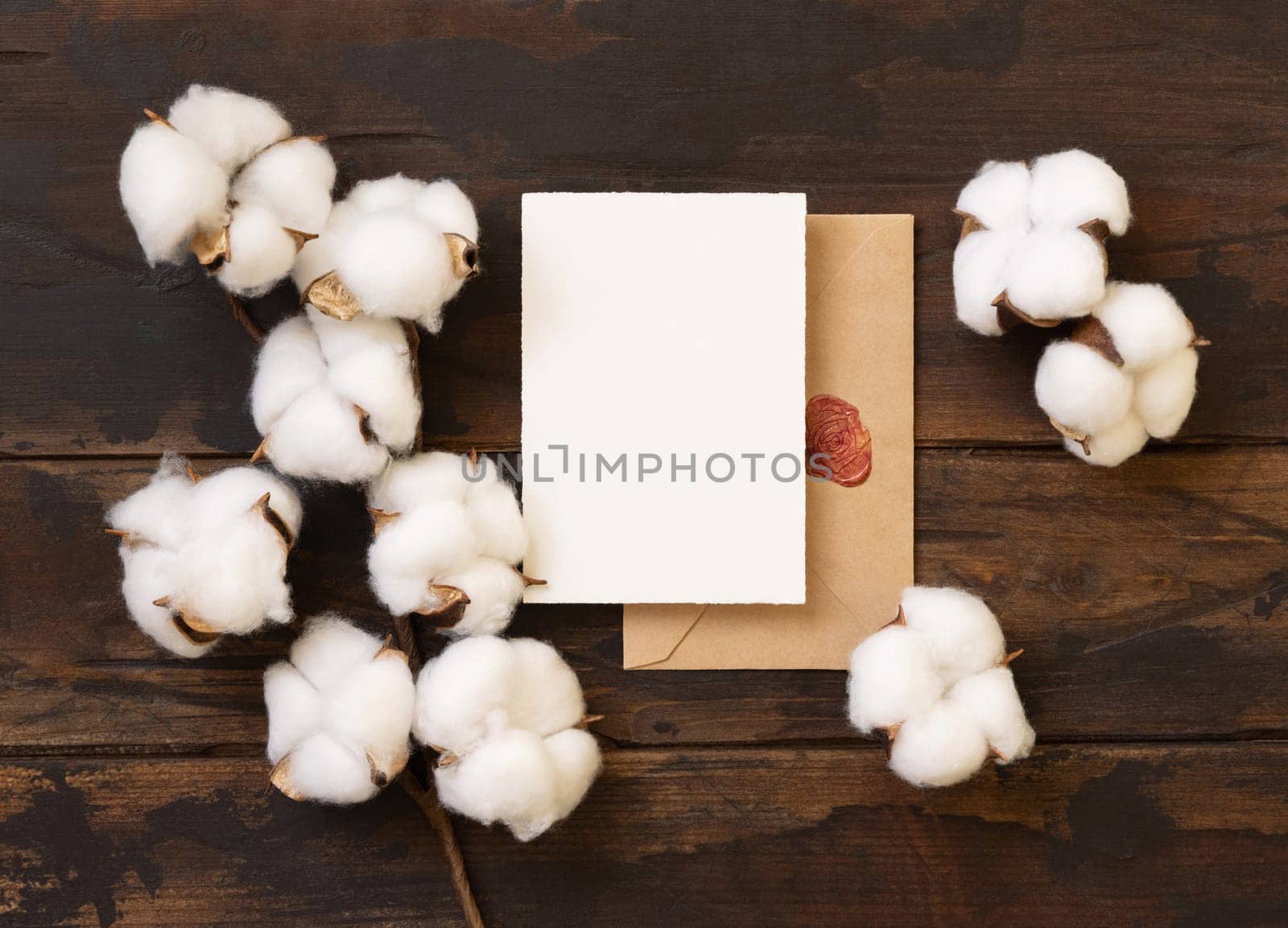 Blank paper card and envelope with cotton flowers top view on dark brown wood, mockup. Romantic scene with wedding menu or invitation card. Bohemian pastel greeting or wedding vertical card