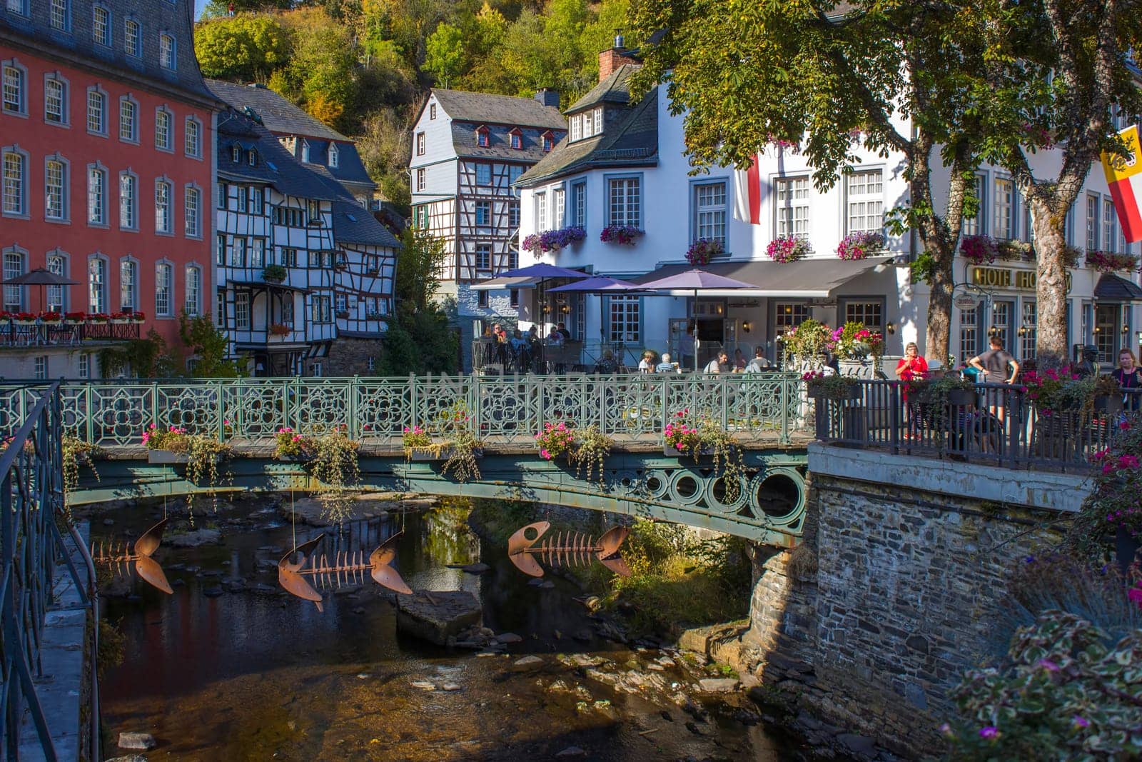 MONSCHAU, GERMANY - SEPTEMBER 22, 2020: small town Monschau with unidentified people. The historic town center has many half-timbered houses and narrow streets remained nearly unchanged for 300 years