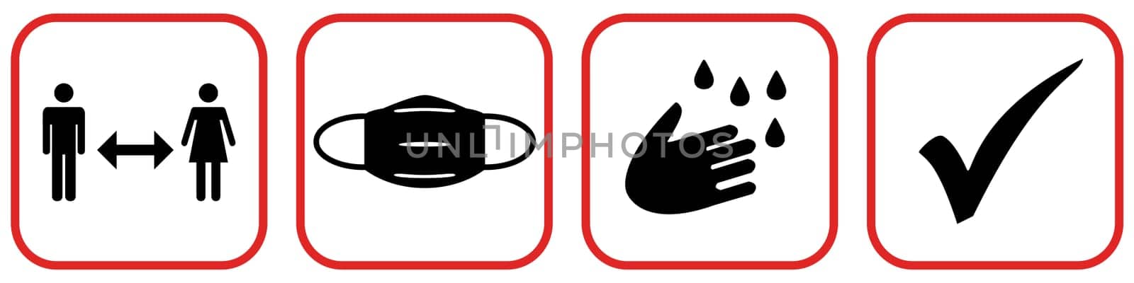 Black Covid-19 Banner with tick: Keep your distance, wear a mask, wash your hands