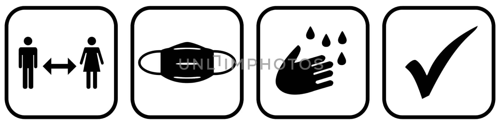 Black Covid-19 Banner with tick: Keep your distance, wear a mask, wash your hands