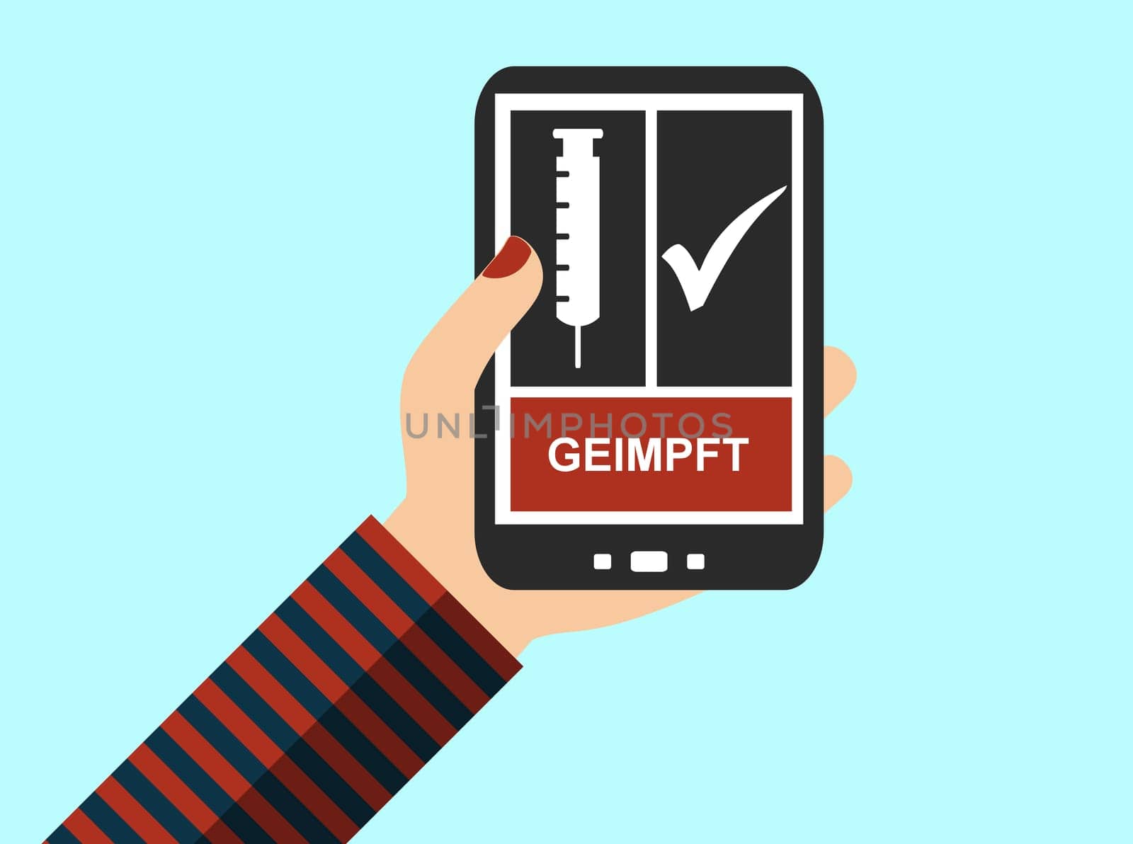 Flat Design Banner: Smartphone showing vaccinated in german language