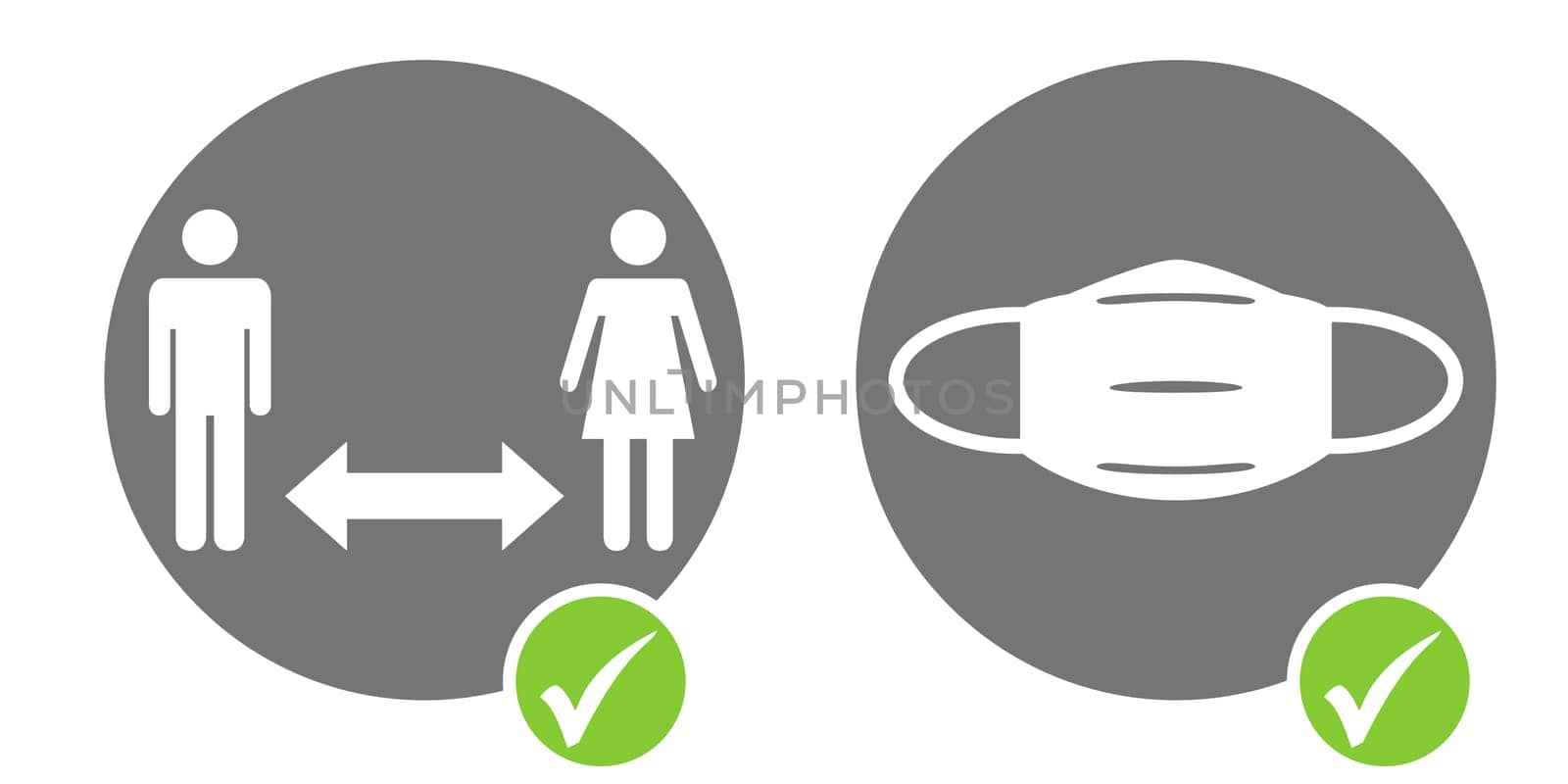 Keep your distance and wear a mask - Grey Buttons with green tick