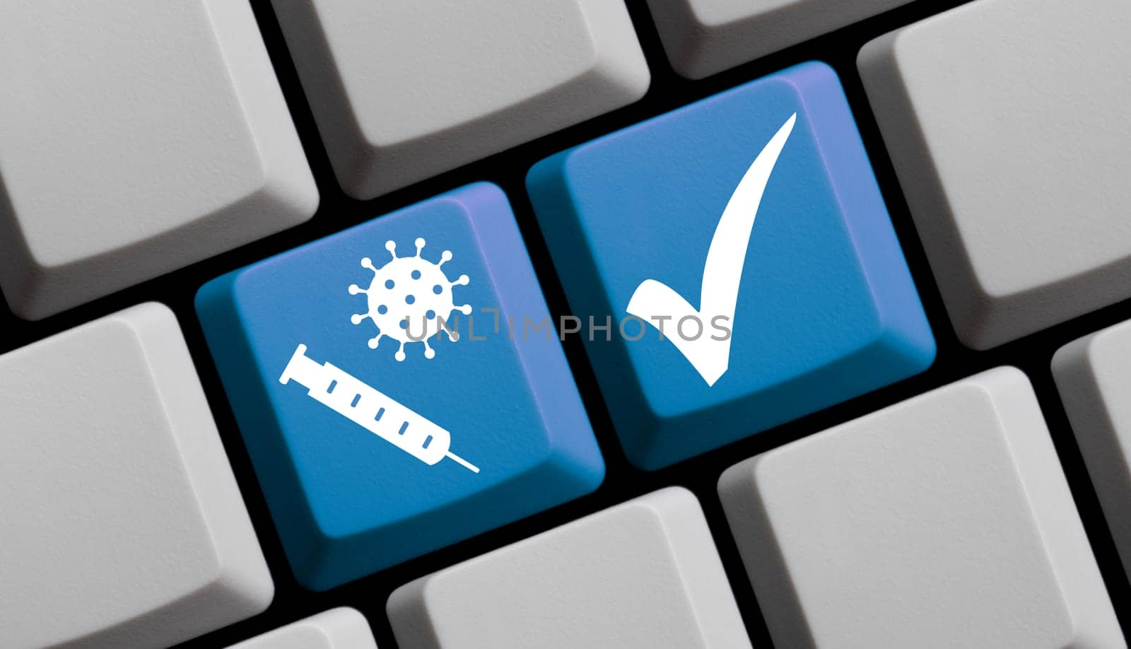 Protest and coronavirus vaccination on blue computer keyboard 3D illustration