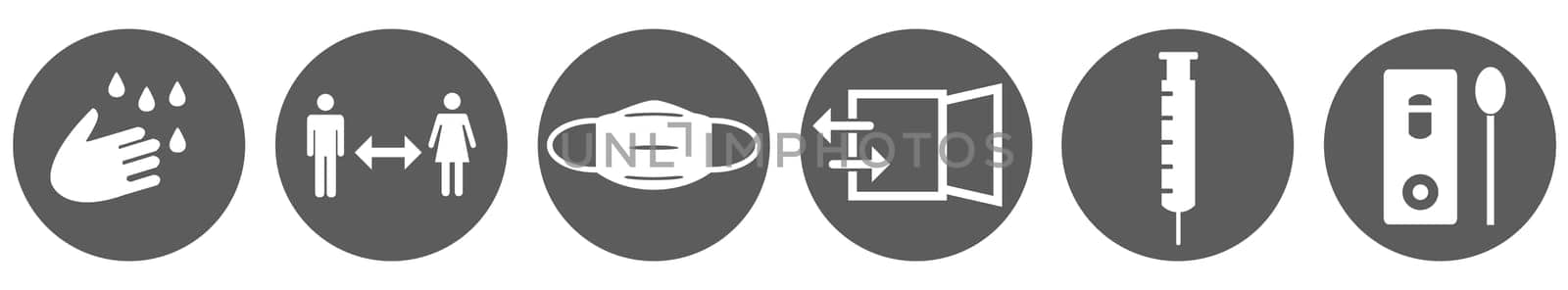 Covid-19 instruction banner: Grey buttons ith white icons for coronavirus rules