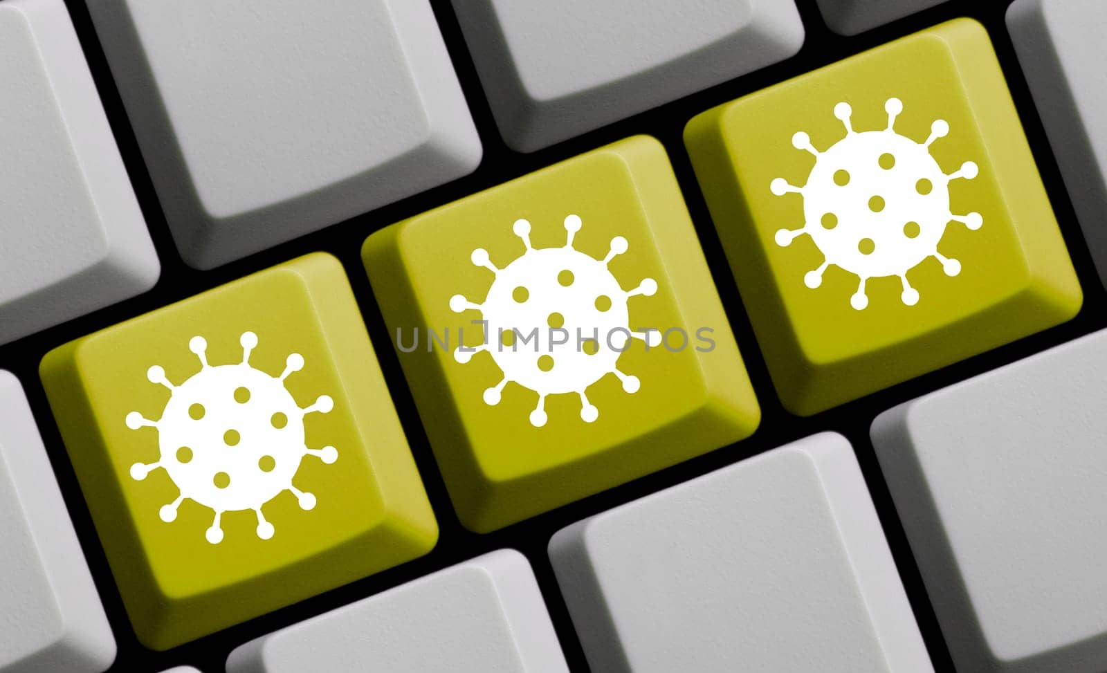 Yellow computer keyboard with 3 covid-19 icons 3D illustration