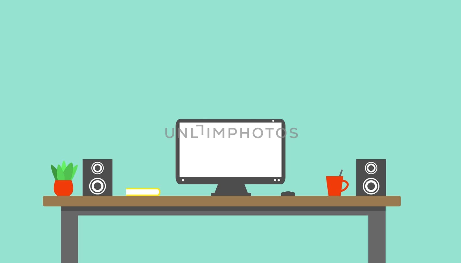 Flat Design background: Office desk with computer monitor and speakers
