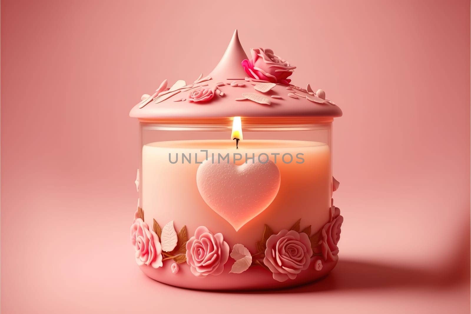 aroma candle with rose bud and hearts on a pink background.