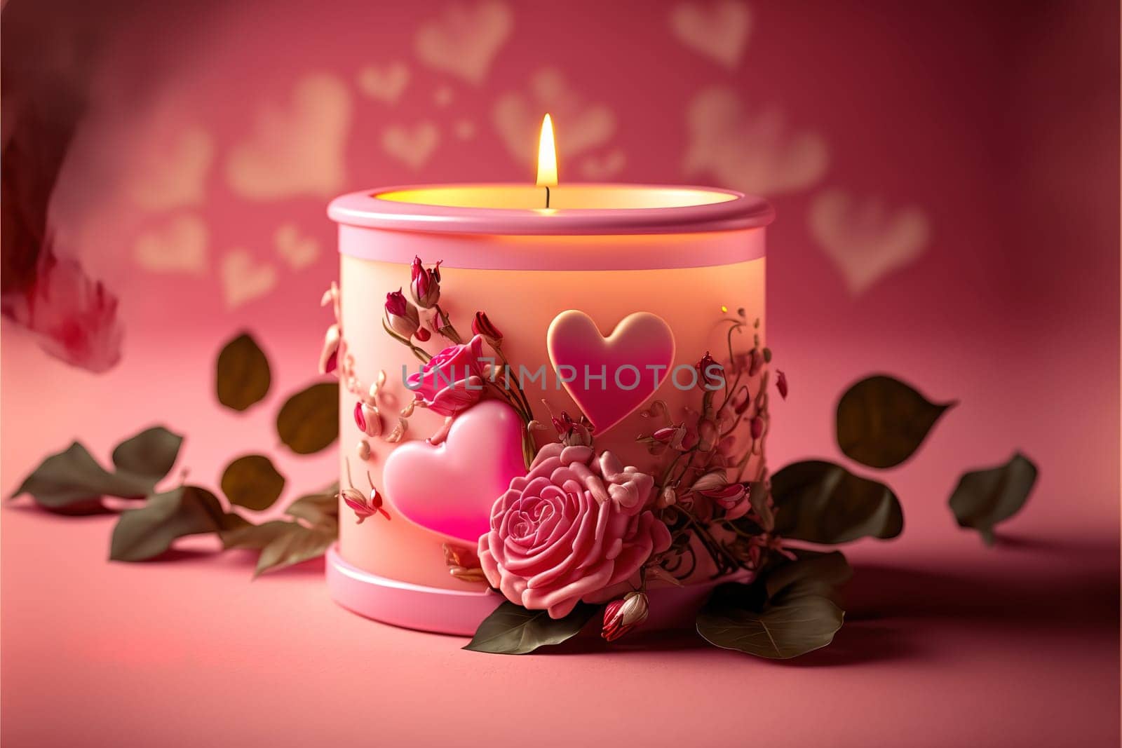 aroma candle with rose bud and hearts on a pink background.