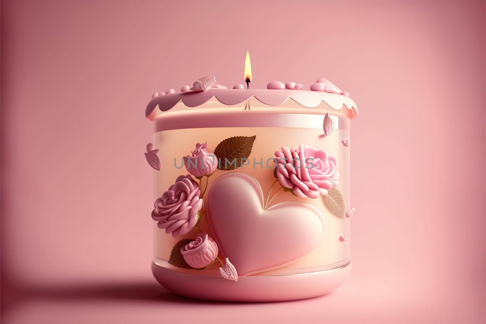 aroma candle with rose bud and hearts on a pink background.