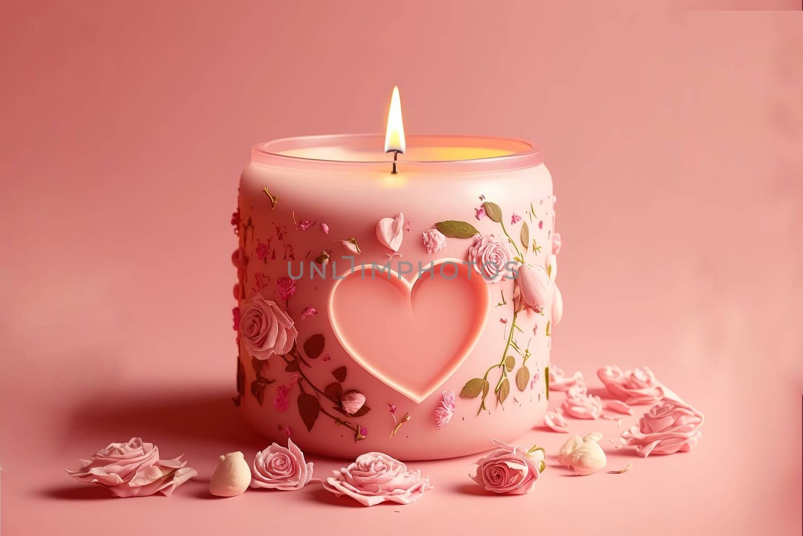 aroma candle with rose bud and hearts on a pink background.