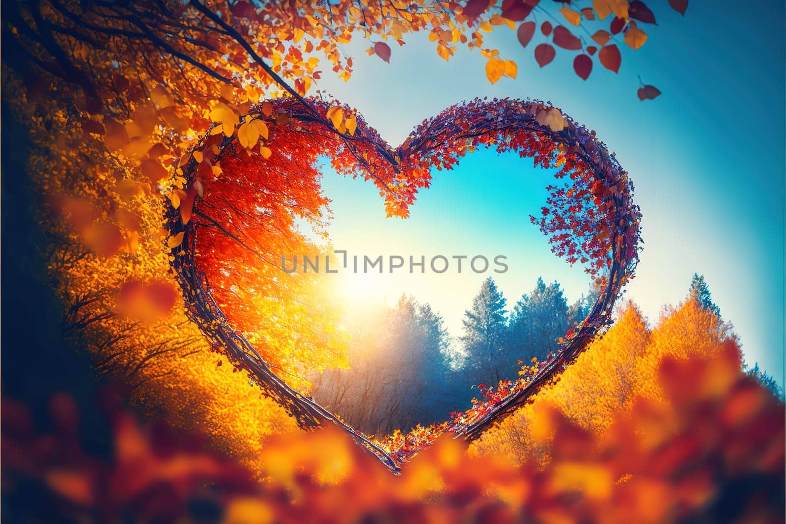 heart shape tree Autumn forest background with Vibrant color sky.