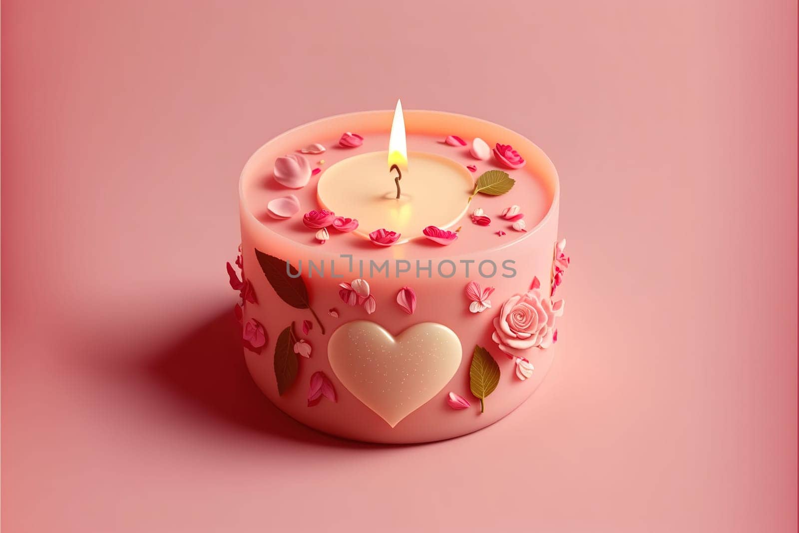 aroma candle with rose bud and hearts on a pink background.