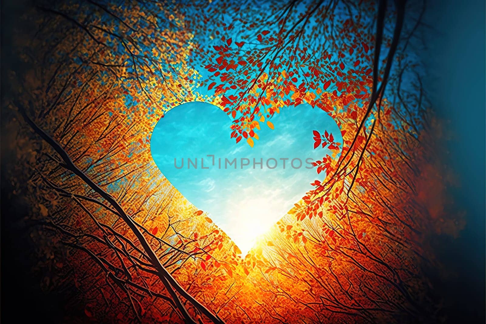 heart shape tree Autumn forest background with Vibrant color sky.