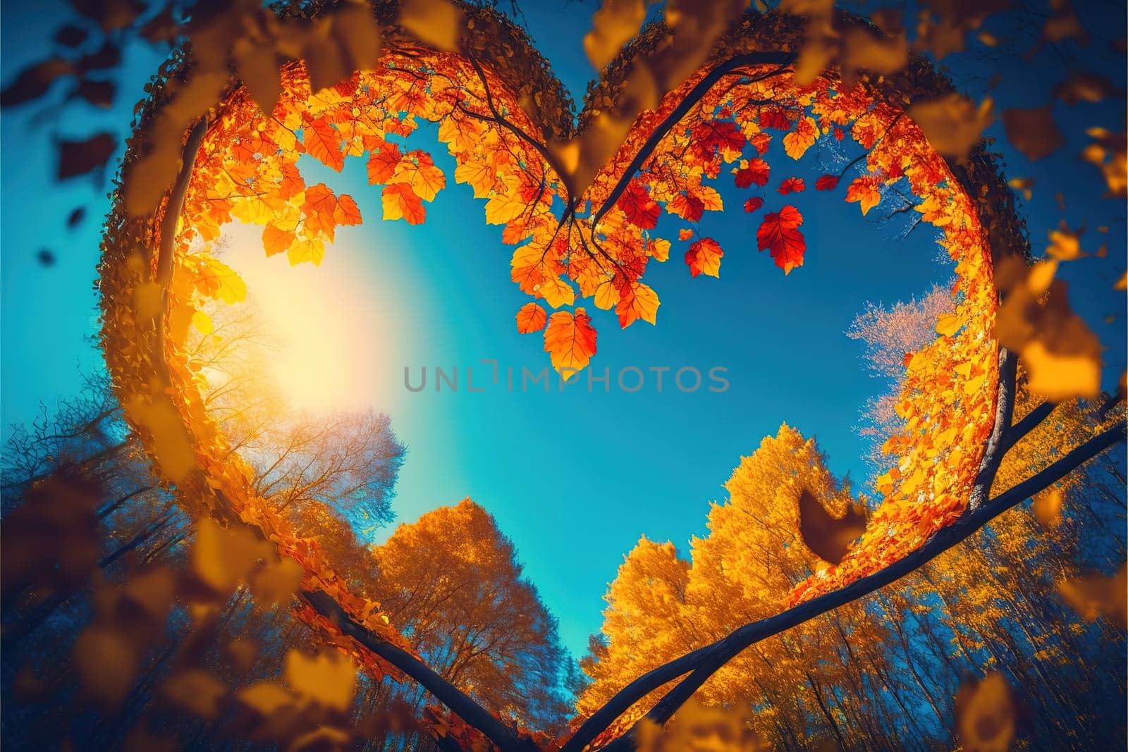 heart shape tree Autumn forest background with Vibrant color sky.