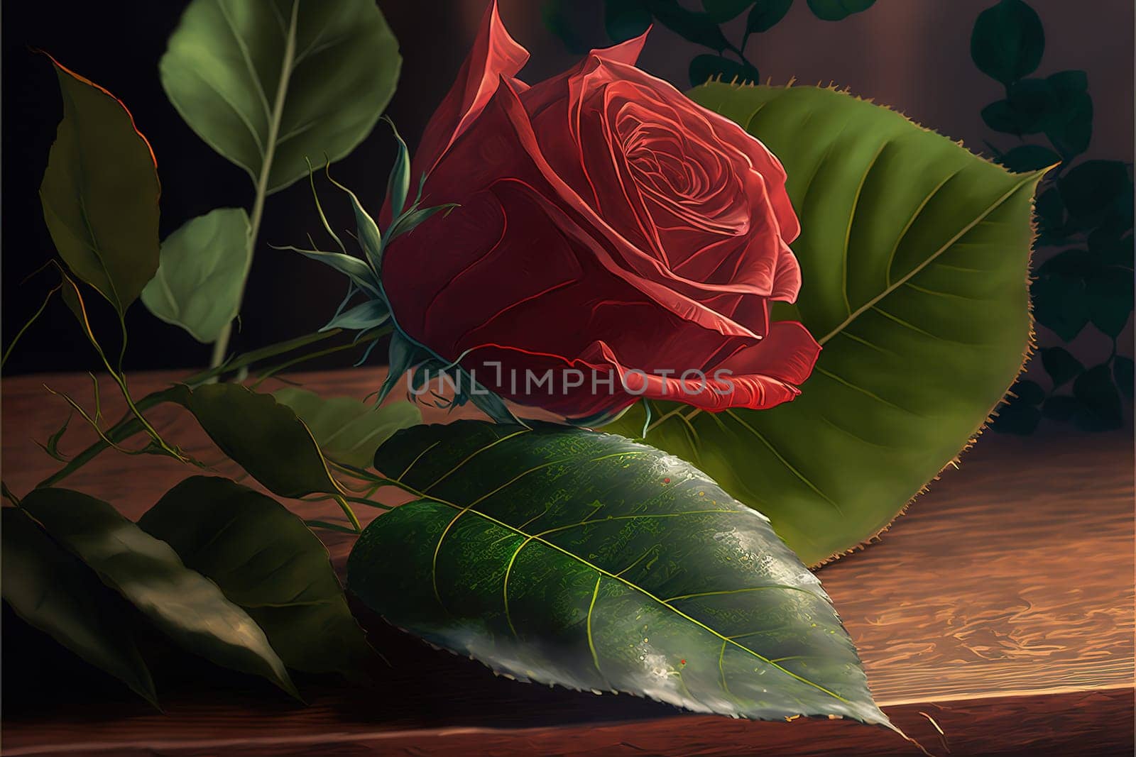 Close up picture of red rose and leaves on the table.