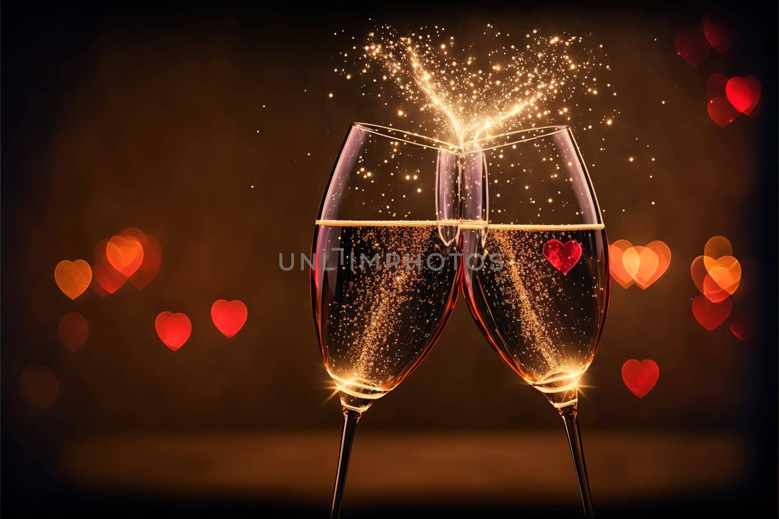 Glasses of champagne with sparkler and heart bokeh.
