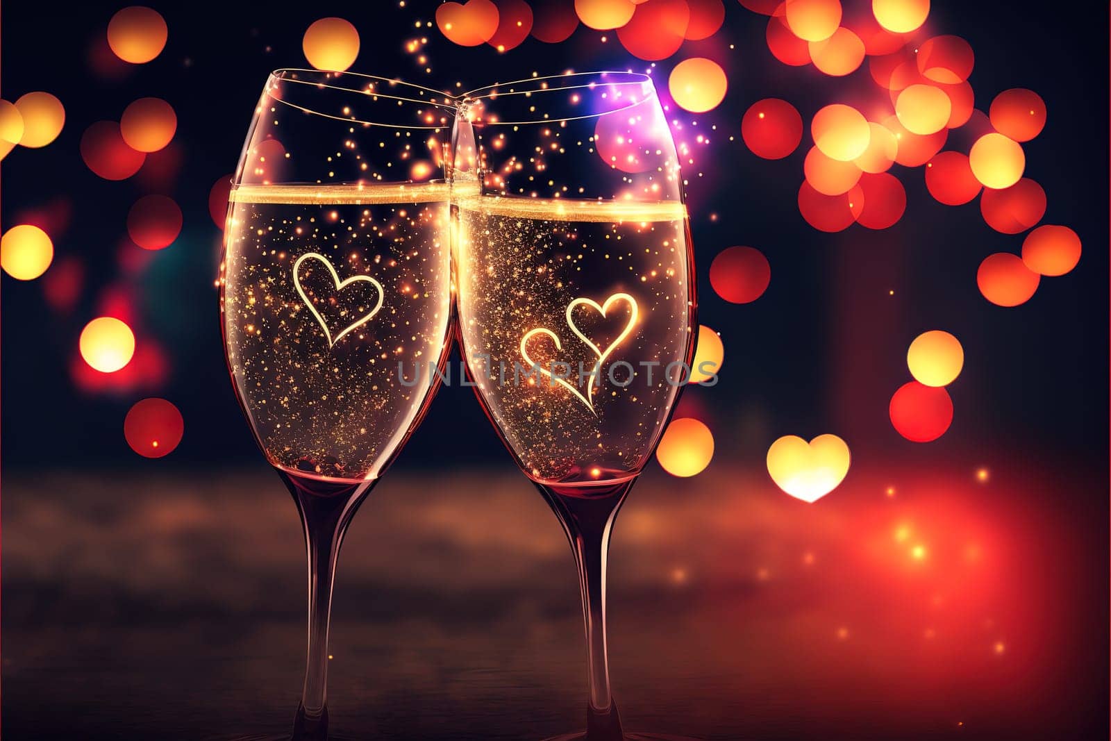 Glasses of champagne with sparkler and heart bokeh.