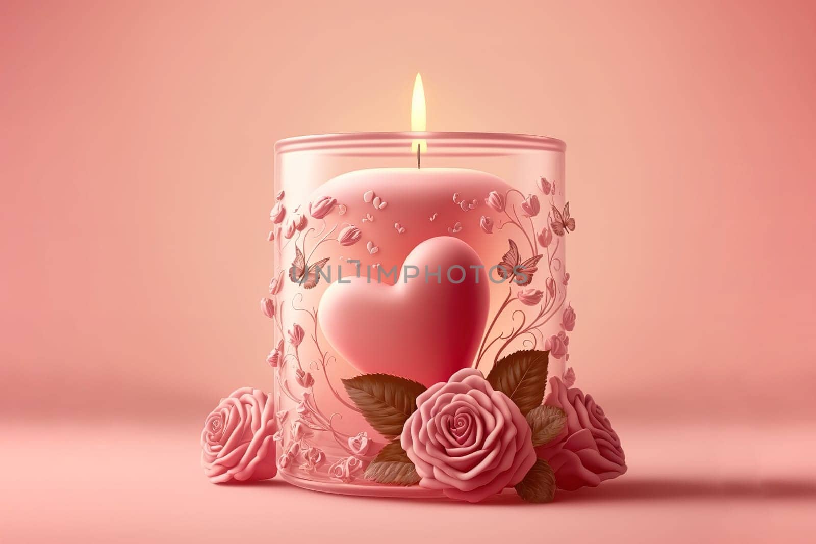 aroma candle with rose bud and hearts on a pink background.