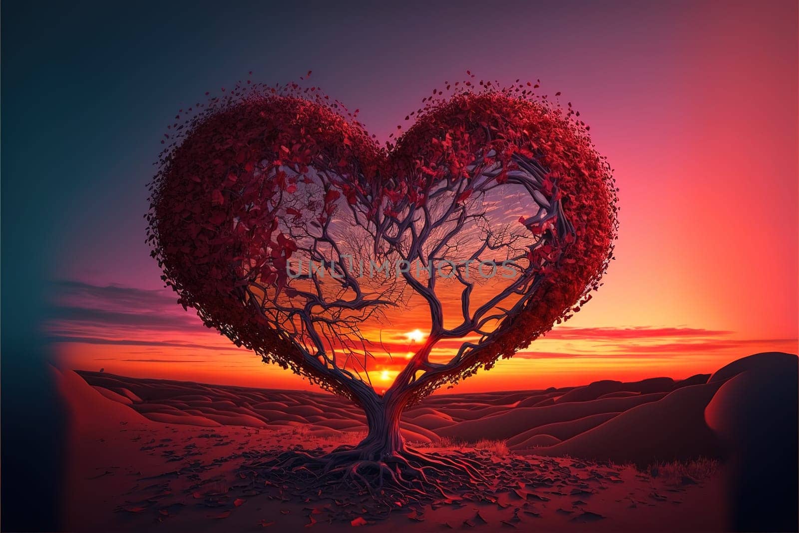 Tree of love. Red heart shaped tree at sunset. Beautiful landscape with red tree and falling leaves.Love background.