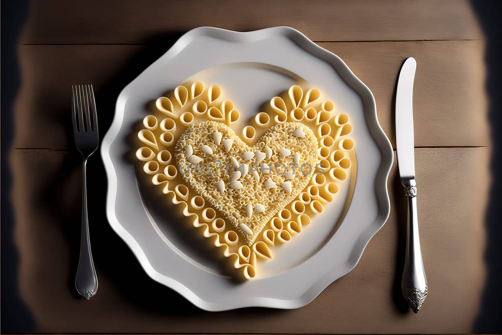 Heart shape pasta made on plate.