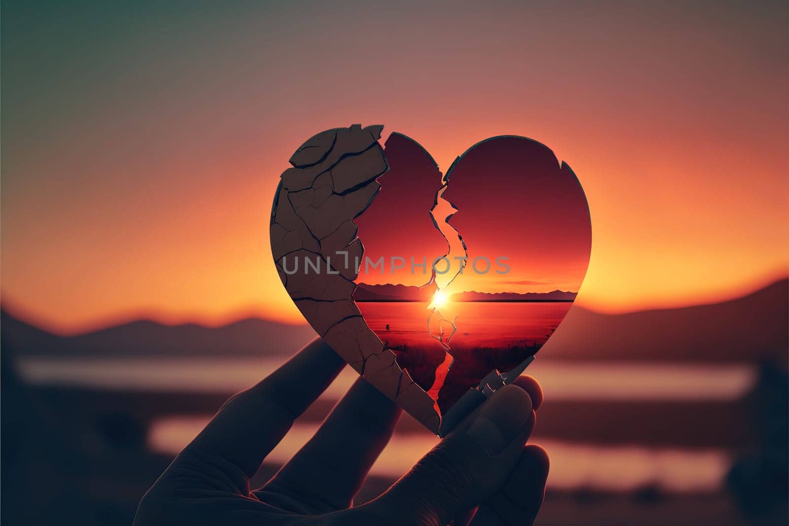 Broken heart in a mans hand on a sunset background.