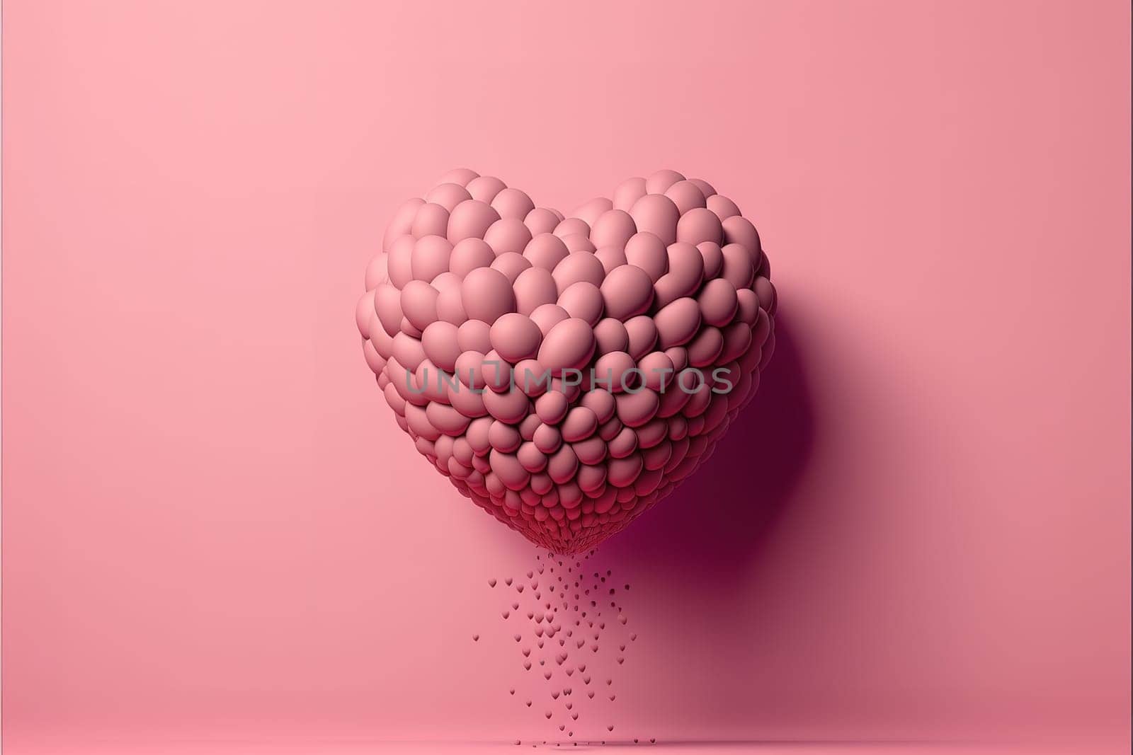 Heart shape made of Pink balloon floating on pink background.