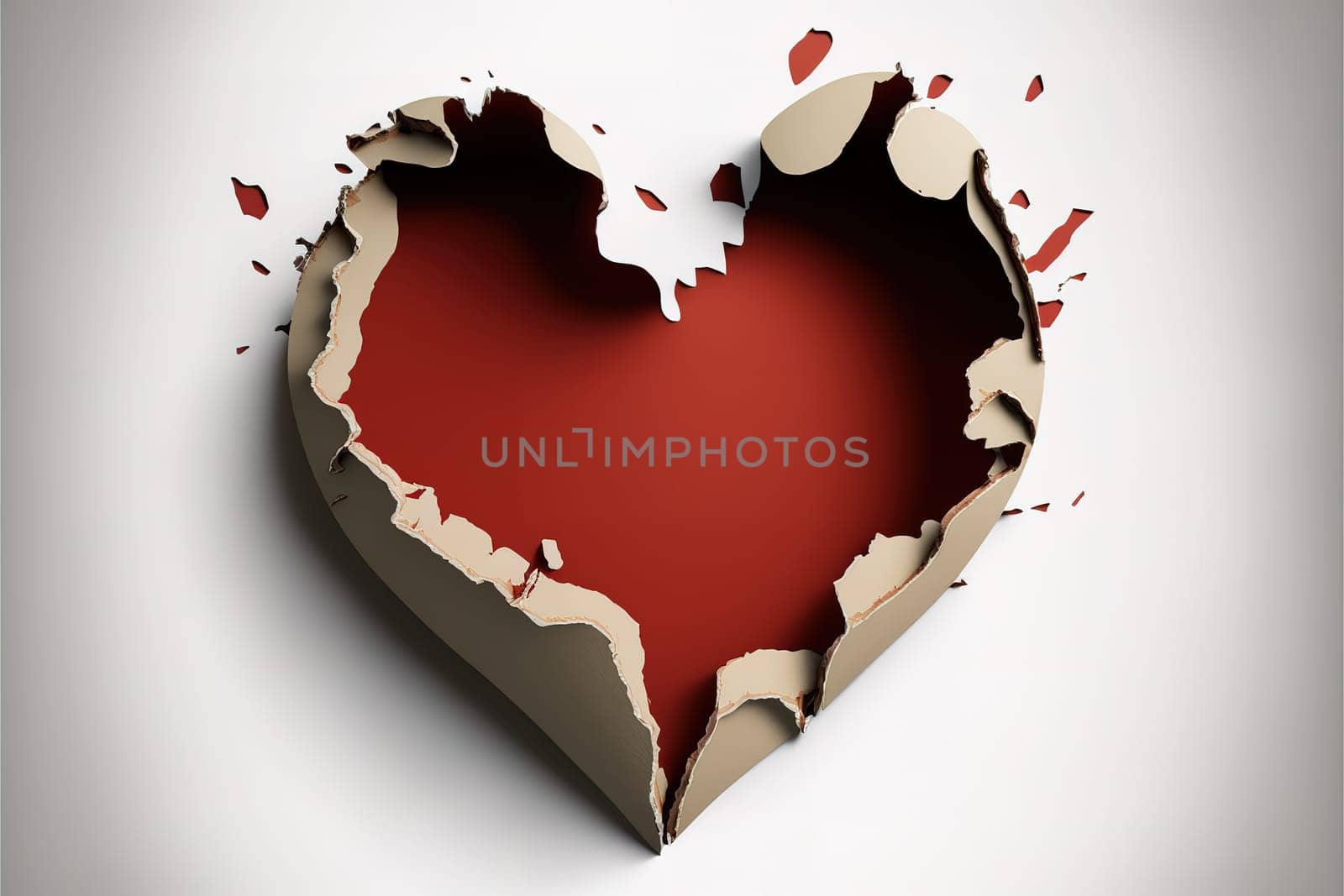 Heart shaped red hole torn through paper, isolated on white background.