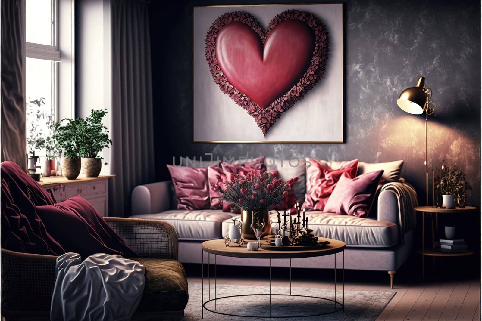 Interior of living room decorated for Valentine's Day.