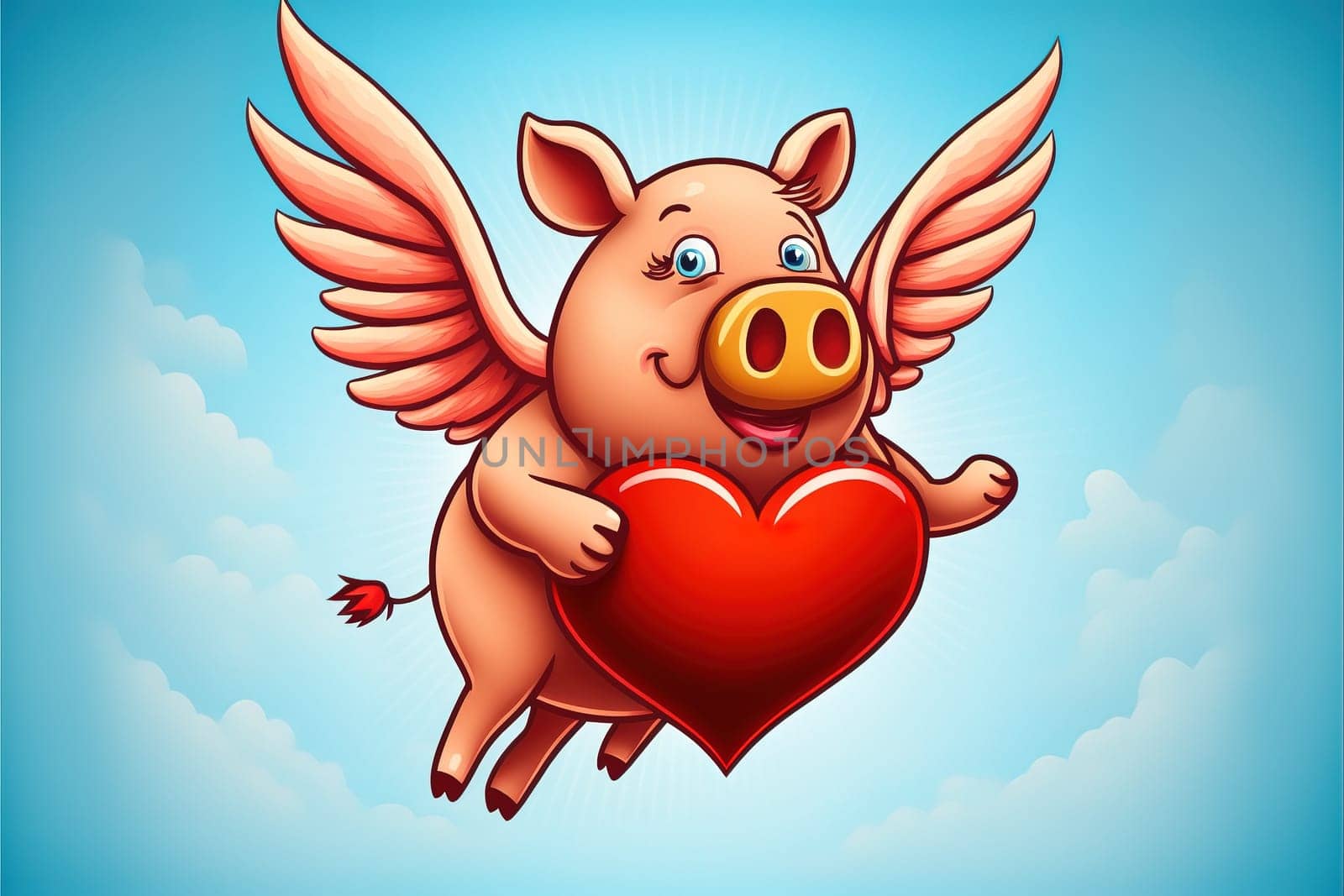 Flying pig with Red heart vector illustration.