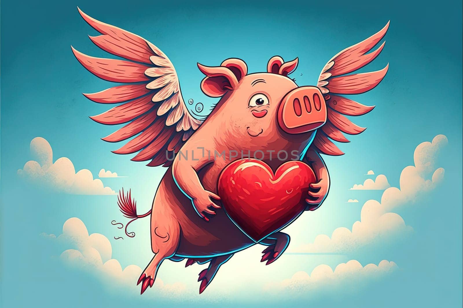 Flying pig with Red heart vector illustration.