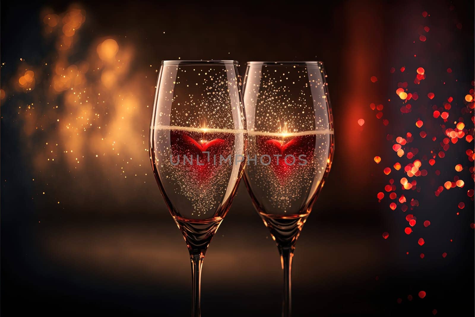 Glasses of champagne with sparkler and heart bokeh.