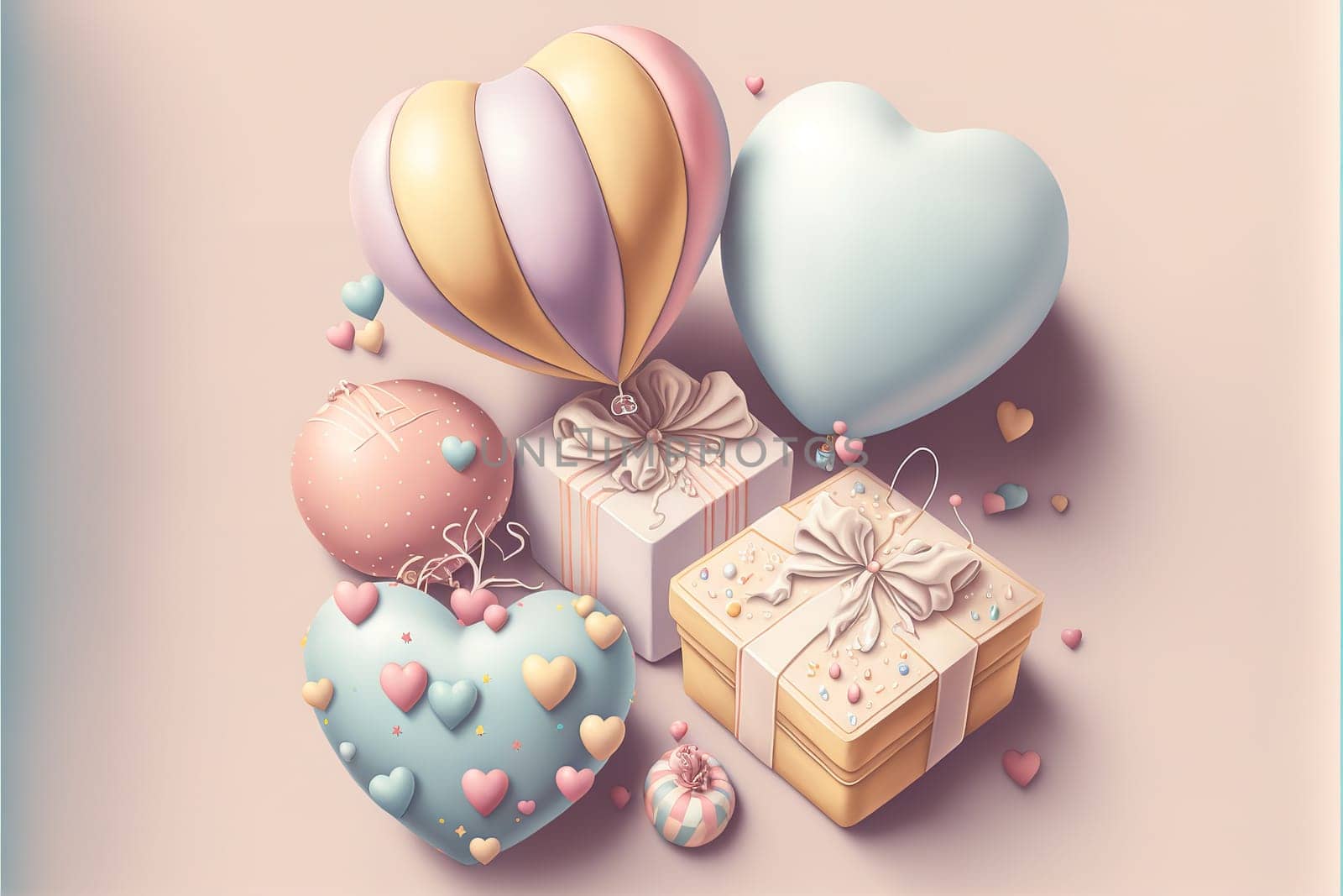 Illustration of pastel colored heart balloons and gift boxes.