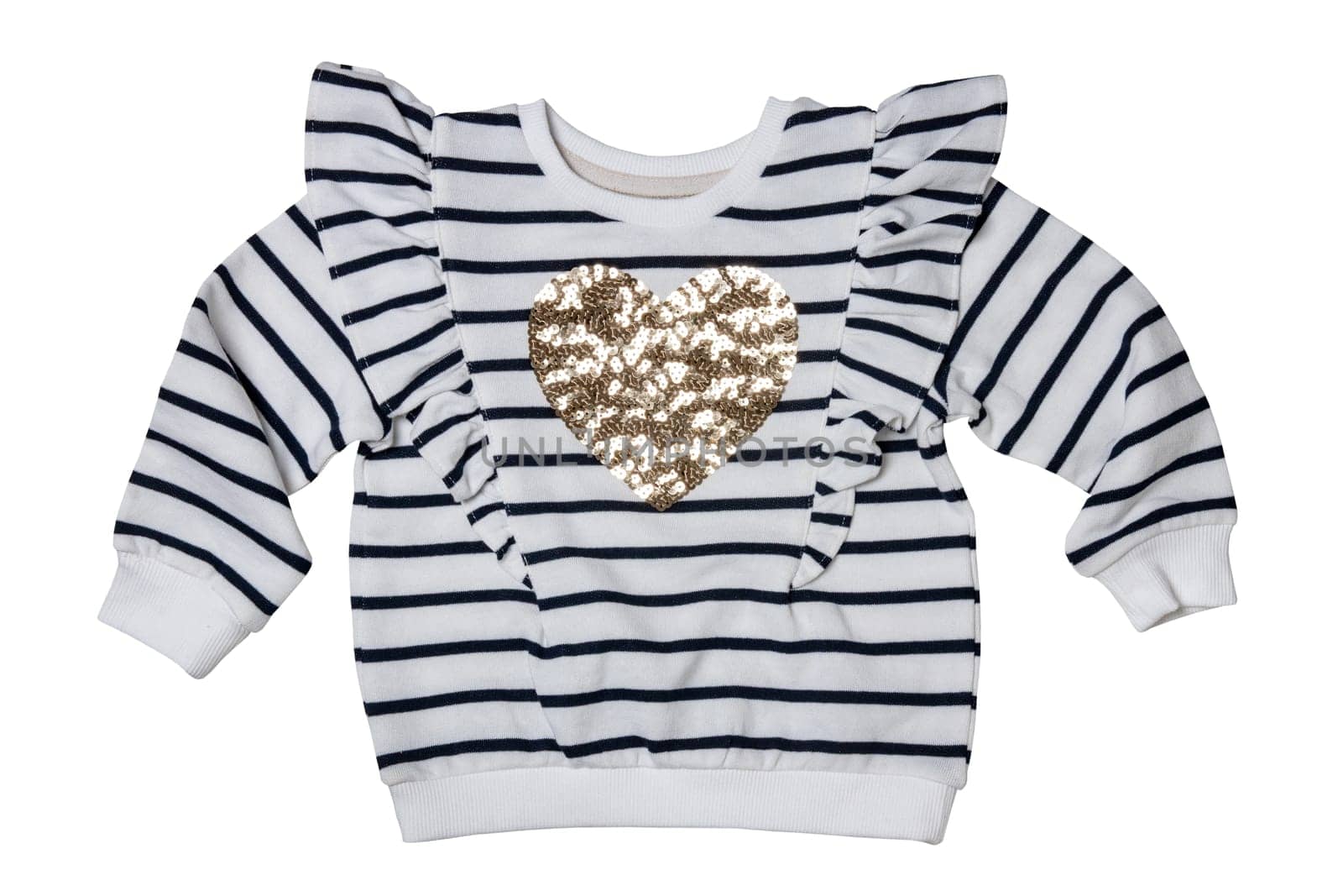 Spring children clothes. Close-up of a stylish beautiful black and white striped little girl sweater or pullover with a heart isolated. Clipping path. Kids winter or autumn fashion.